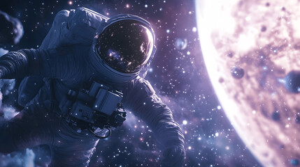 Wall Mural - astronaut floating near distant planet with stars and cosmic dust