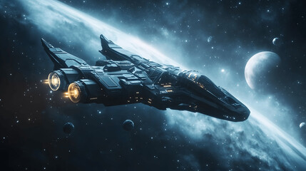 Wall Mural - futuristic spaceship flying through deep space with planets