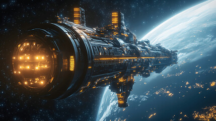 Wall Mural - futuristic space station orbiting a distant planet with glowing lights