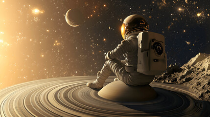 Wall Mural - astronaut sitting on saturn surrounded by rings and stars