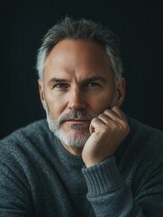Poster - A man rests his chin on his hand, contemplating with a serious expression in a dark, serene setting that adds to his thoughtful demeanor. Generative AI