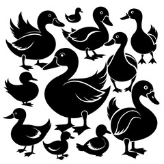 This artwork showcases a variety of ducks depicted as black silhouettes each displaying different poses and expressions ideal for artistic projects