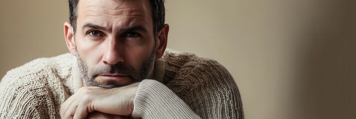 Aufkleber - The man reflects deeply, showing seriousness and contemplation in a cozy, softly lit indoor environment. Generative AI