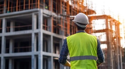 A construction worker wearing a yellow vest stands in front of a building