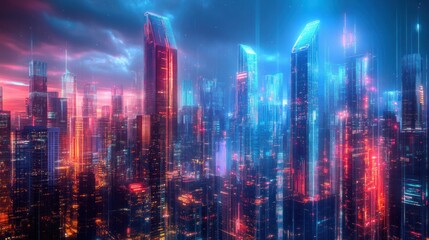 Canvas Print - Futuristic Cityscape with Glowing Neon Lights and Digital Lines