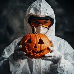 Poster - Person in protective gear holds a carved Halloween pumpkin indoors