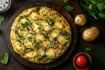 Delicious traditional spinach and potato dish served on a rustic wooden board with fresh ingredients nearby