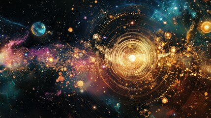 Wall Mural - Cosmic Web with Golden Rings and Scattered Stars