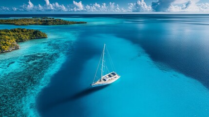 An ultra-wide aerial drone photo shows a sailboat anchored in calm, tropical, turquoise waters, creating a blue lagoon.