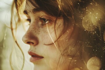 Wall Mural - A close-up shot of a woman's face featuring freckles, suitable for use in beauty or lifestyle contexts