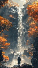 Sticker - Autumn Waterfall Landscape: A Serene Forest Scene