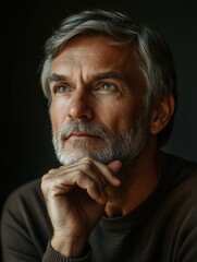 Poster - A thoughtful man with a beard gazes upward, lost in deep contemplation while relaxing indoors, absorbed in his thoughts. Generative AI
