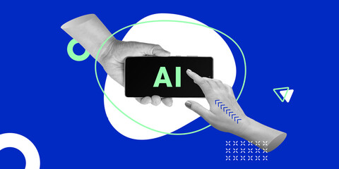AI, big data, mobile apps with artificial intelligence. Hand selects Ai sign on smartphone screen. Minimalist art collage
