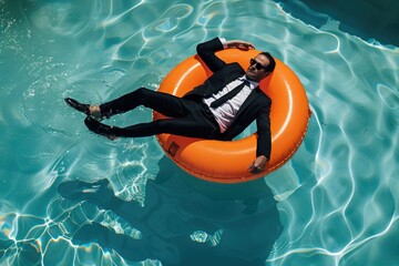 Sticker - A man relaxing on an inflatable raft in a pool, perfect for summer or vacation photos