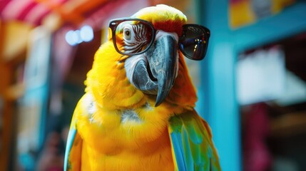 A bright yellow parrot wearing glasses perched on a branch or in a cage