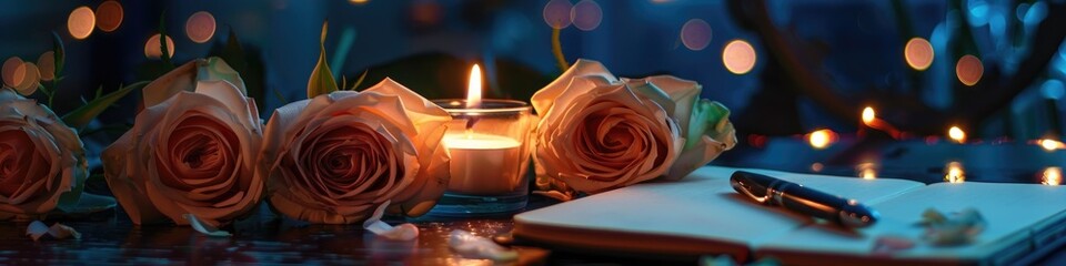 Canvas Print - Midnight atmosphere featuring a tealight candle, a pen, notebook, and roses.