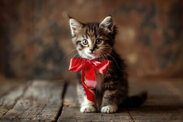 Wall Mural - A little kitten wearing a bright red bow sits comfortably on a wooden floor