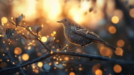 Close-up of a bird with detailed feather patterns, perched on a branch, with a background of softly glowing lights adding depth and a magical feel to the scene.