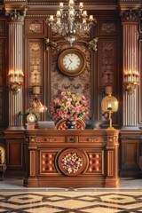 Poster - A large wooden desk with a clock above it