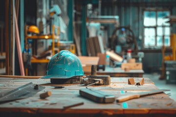 Canvas Print - A construction hard hat sits on a wooden table, ready for use