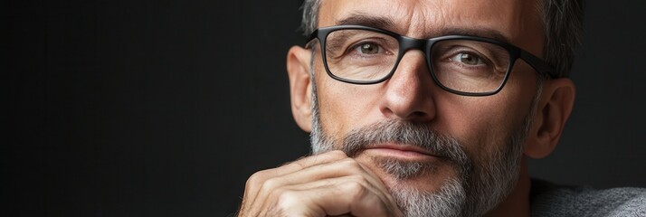 Aufkleber - A man with glasses contemplates deeply, showcasing a serious expression in a softly lit environment during the late evening. Generative AI