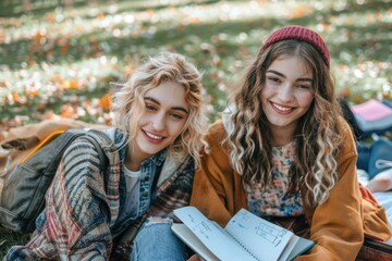 Wall Mural - Two students sit on the ground with their notebooks and pens, taking a break from studying