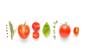 Fresh red tomatoes and different spices on white background