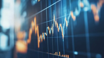Poster - Close-up of a financial graph on a computer screen, showcasing upward and downward trends with detailed line and bar charts.