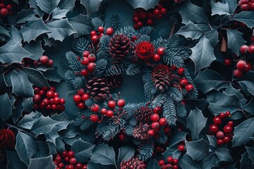 Sticker - A rustic wreath made of pine cones and red berries, perfect for autumnal or winter-themed decorations