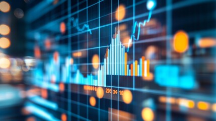 Close-up of a financial graph with a focus on positive growth trends and key performance indicators, set against a backdrop of a bustling business environment.