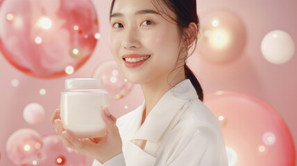 A smiling woman presents a skincare jar amidst vibrant bubbles and glowing lights, creating an inviting atmosphere for beauty