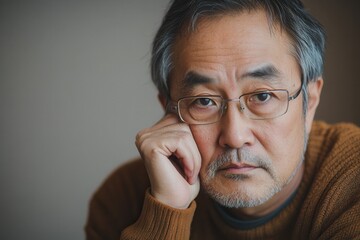 Poster - A man with glasses sits pensively, resting his chin on his hand, lost in deep thought during a calm afternoon. Generative AI