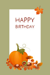 Poster - Happy Birthday - Schriftzug in englischer Sprache - Alles Gute zum Geburtstag. Herbstliche Karte mit einem Kürbis, Blättern und Beeren auf einem grünen Rahmen