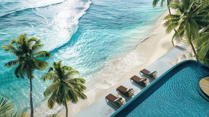 Wall Mural - Guests lounge poolside, enjoying the serene ocean view with gentle waves and swaying palm trees in a tropical paradise