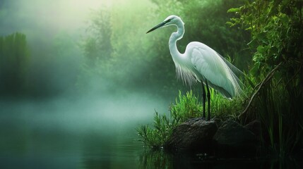 Wall Mural - White heron and green landscape.