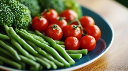 Wall Mural - Healthy food on a plate: broccoli, green beans, and cherry tomatoes.