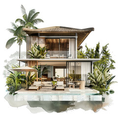 Wall Mural - the architecture design illustration of a tropical pool villa with a small pool in Bali