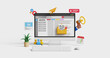 © DETHAL - Email marketing, CRM, email automation concept. Email newsletter for automated marketing or subscription concept. Business email solution. 3D computer with emails inbox and marketing icons