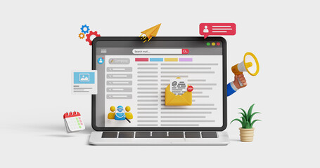 Email marketing, CRM, email automation concept. Email newsletter for automated marketing or subscription concept. Business email solution. 3D laptop with emails inbox and marketing icons