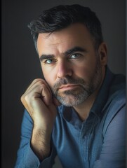 Aufkleber - The man rests his chin on his hand, showcasing a serious expression while deep in thought in a dimly lit room. Generative AI