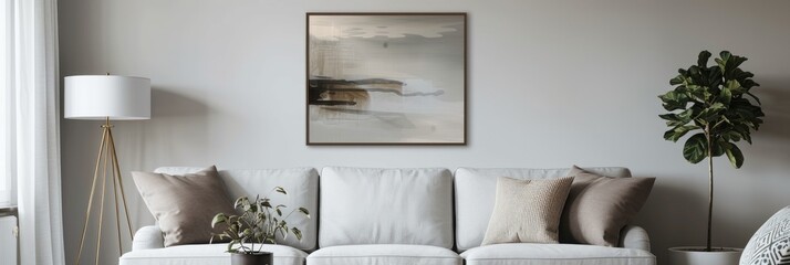 Wall Mural - Stylish home interior showcasing a grey sofa, lamp, coffee table, modern artwork, and decorative cushions.