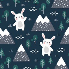 Wall Mural - Cute hand drawn bunny with mountains and pine trees on a deep blue background. Kawaii forest animals kids seamless pattern, fabric and textile print design