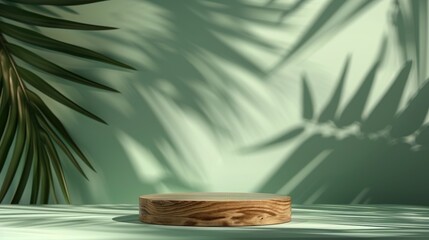 Sticker - Wooden podium on green abstract background with palm leaf shadow, geometric scene backdrop for product presentation.