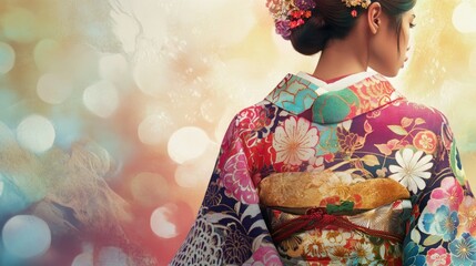 Woman in Traditional Japanese Kimono with Floral Patterns