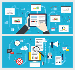 Wall Mural - Flat icon set design in internet banner template with concept of business, strategic planning of goals, data research and chart analysis, marketing and communication, time management.