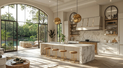 Poster - luxury white neutral home with white marble and copper trim , big door and windows to get all natural light into the kitchen 