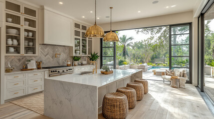 Poster - luxury white neutral home with white marble and copper trim , big door and windows to get all natural light into the kitchen 