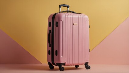 a pink suitcase with wheels sits on a yellow and pink background