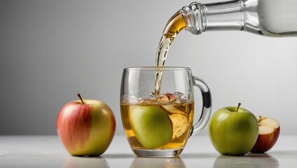 Sticker - A glass of apple juice is poured into a glass with two green apples in it