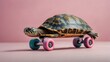 © Nemanja - A turtle is riding a skateboard on a pink background